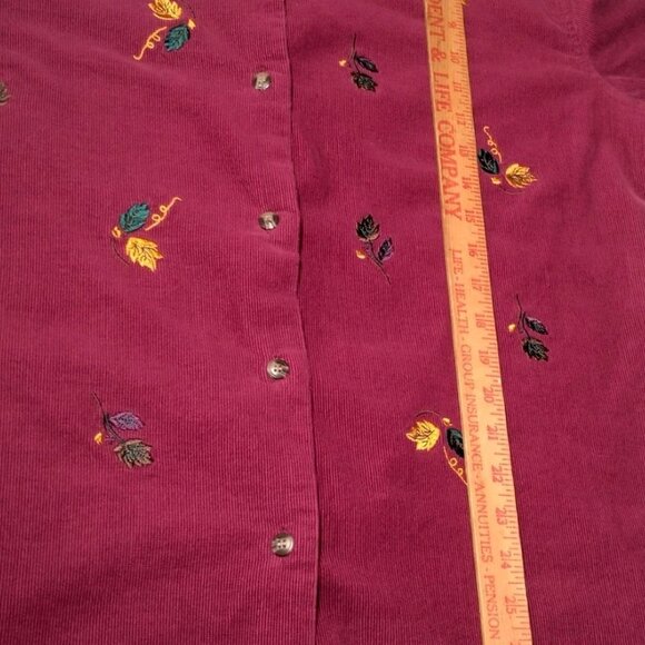 Bobbie Brooks Shirt XL Button Up Embroidered Leaf Leaves Maroon Corduroy Nature - Picture 2 of 10